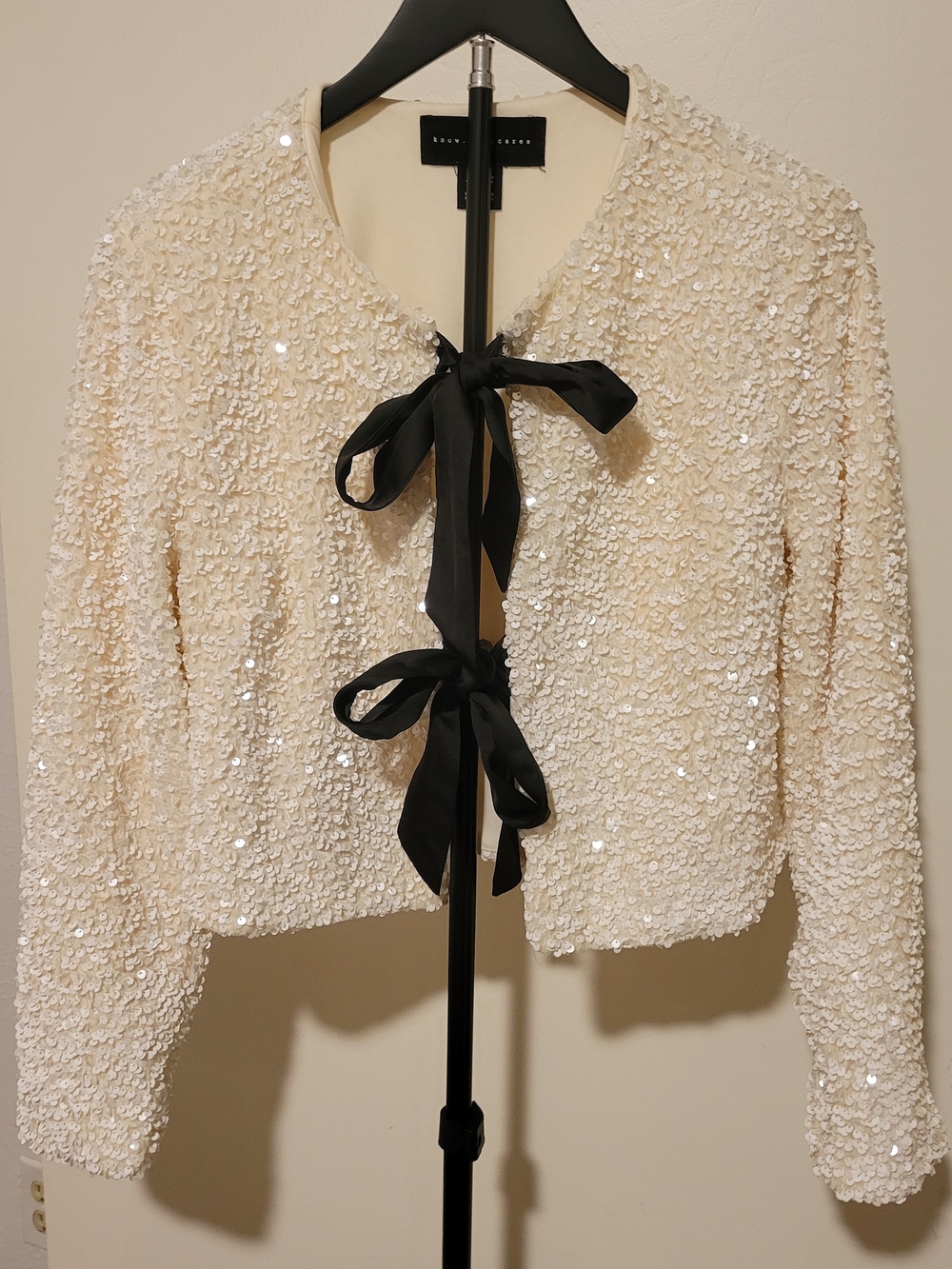 Know One Cares Sequin Cropped Jacket with Black Ribbon Ties - Cream